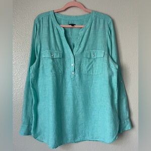 Talbots Top Womens XL spring green Linen Long Sleeve Popover top